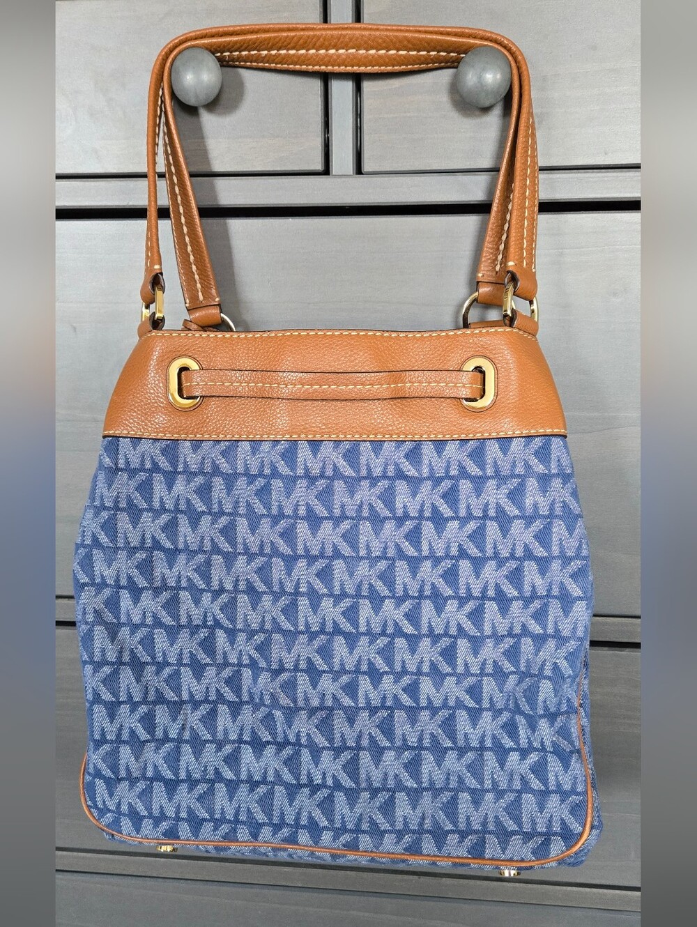 Vintage Michael Kors Denim MK Monogram and Tan Leather Drawstring Shoulder Bag - Picture 2 of 10